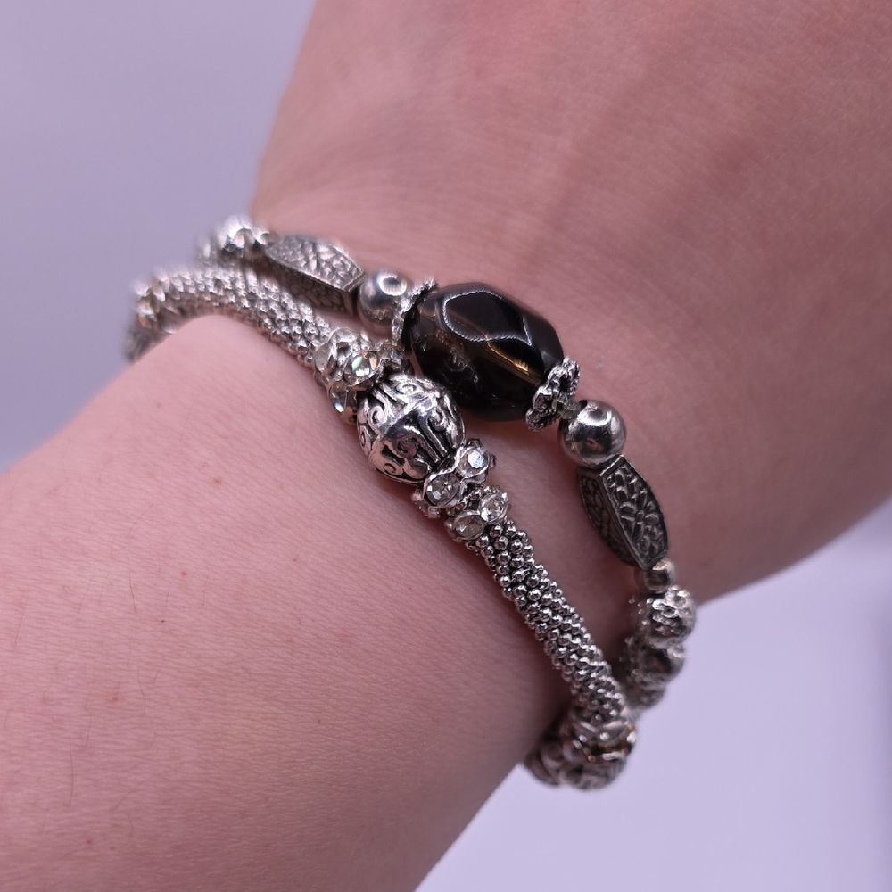 Elegant Silvertone Lava Stone and Smoky Quartz Beaded Stretch Bracelet Set